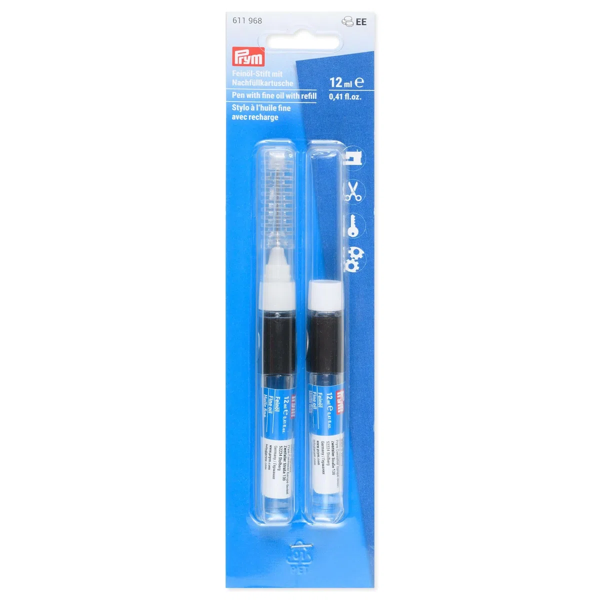 Prym 611969 OVERLOCK penna 12 ml con cartuccia di ricarica 12 ml – penna olio di precisione per macchine da cucire overlock, macchine da ricamo e meccanica fine, olio lubrificante trasparente per una