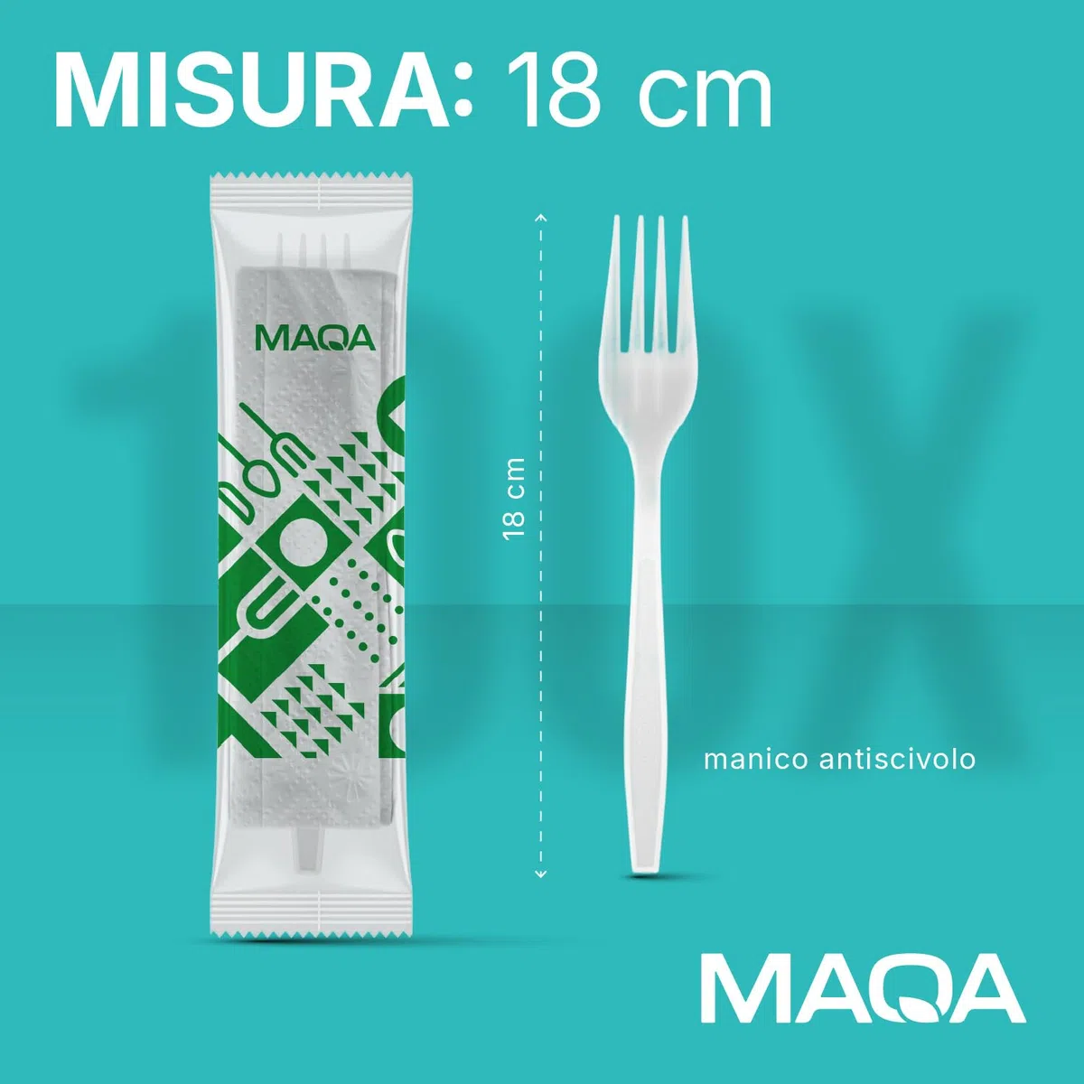 MAQA 100 Kit Forchetta Riutilizzabile in CPLA + Tovagliolo 2 Veli – Compostabili, Imbustati Singolarmente – Certificati per Uso Alimentare – Perfetti per Catering, Eventi, Uffici e Take Away