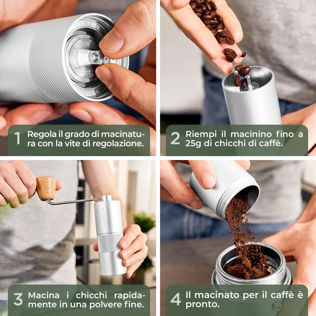 WALDWERK Macina caffè manuale – Macinacaffè con macine coniche in acciaio inox di alta precisione – Macinino caffè con manico in legno – Macina caffe senza plastica