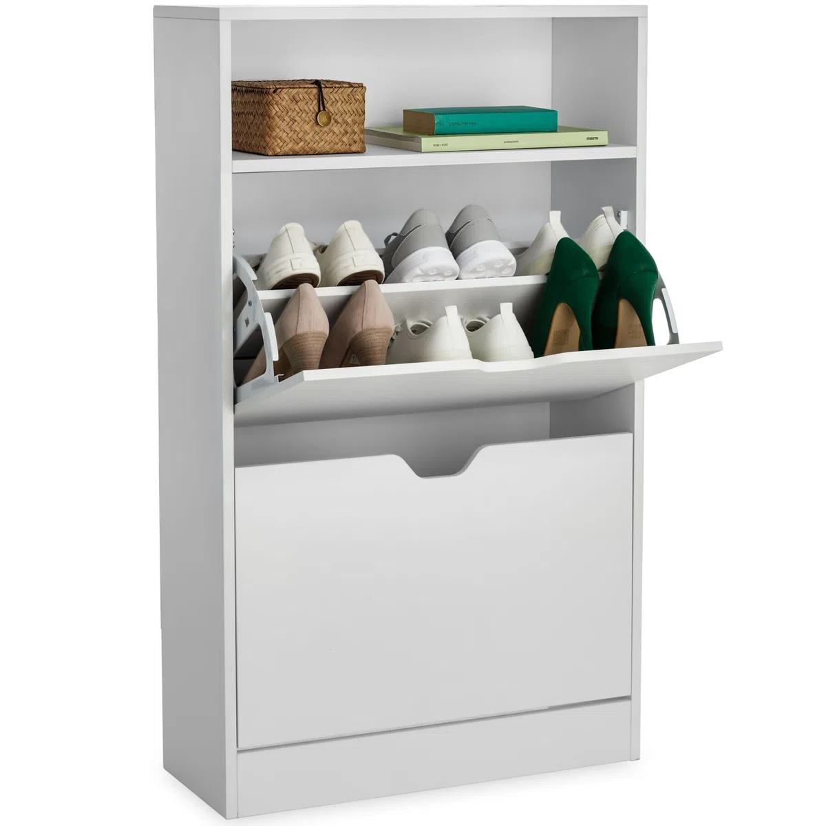 tectake® Scarpiera Moderna con 2 Cassetti a Ribalta, 4 Ripiani per 12 Paia di Scarpe, Elemento a Scaffale Aperto, Maniglie Incassate, Ripiani Smontabili, Protezione Antiribaltamento - Bianco