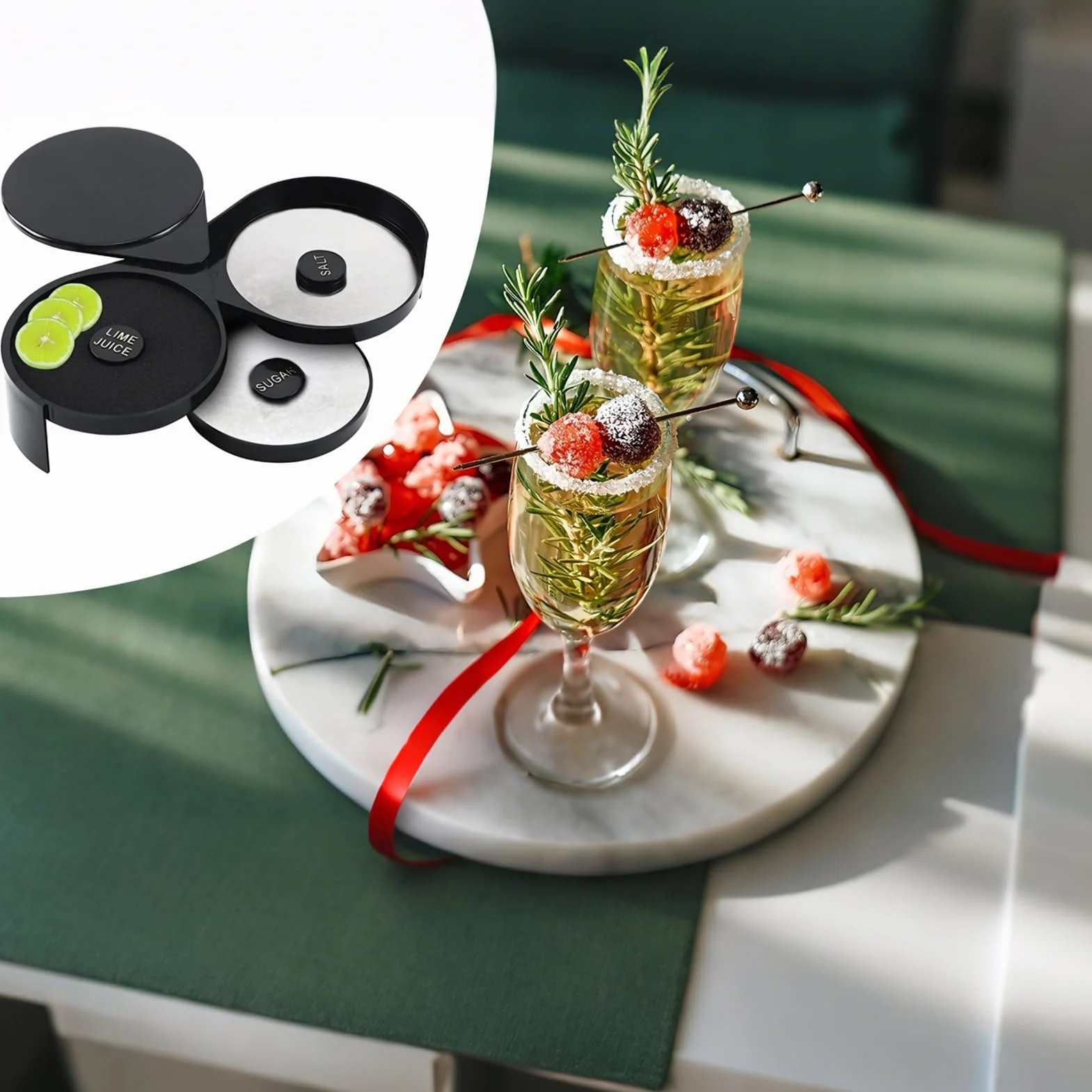 Porta Sale, Zucchero e Lime in Vetro con 3 Scomparti - Accessorio Bar per Cocktail, Rimming, Decorazione Drink, Ideale per Feste e Uso Domestico