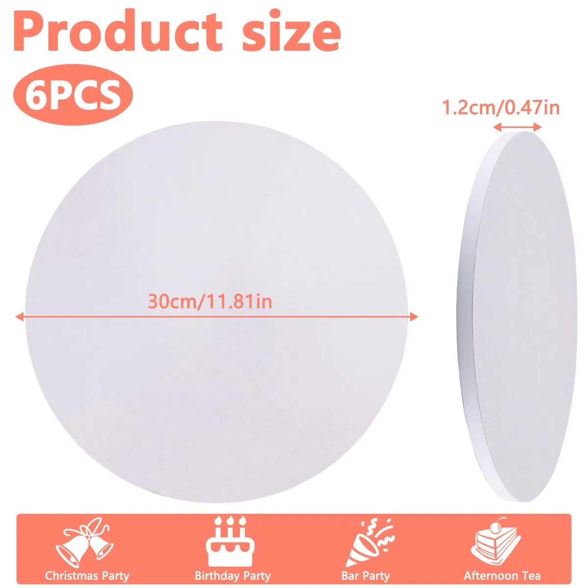 6 Pezzi Sottotorta Rotondo, Base per Torte 30 cm in Cartone Alimentare Spesso 12mm, Riutilizzabili, Impermeabili e Anti-Grasso per Trasporto e Decorazione Torte da 20-28cm per Feste