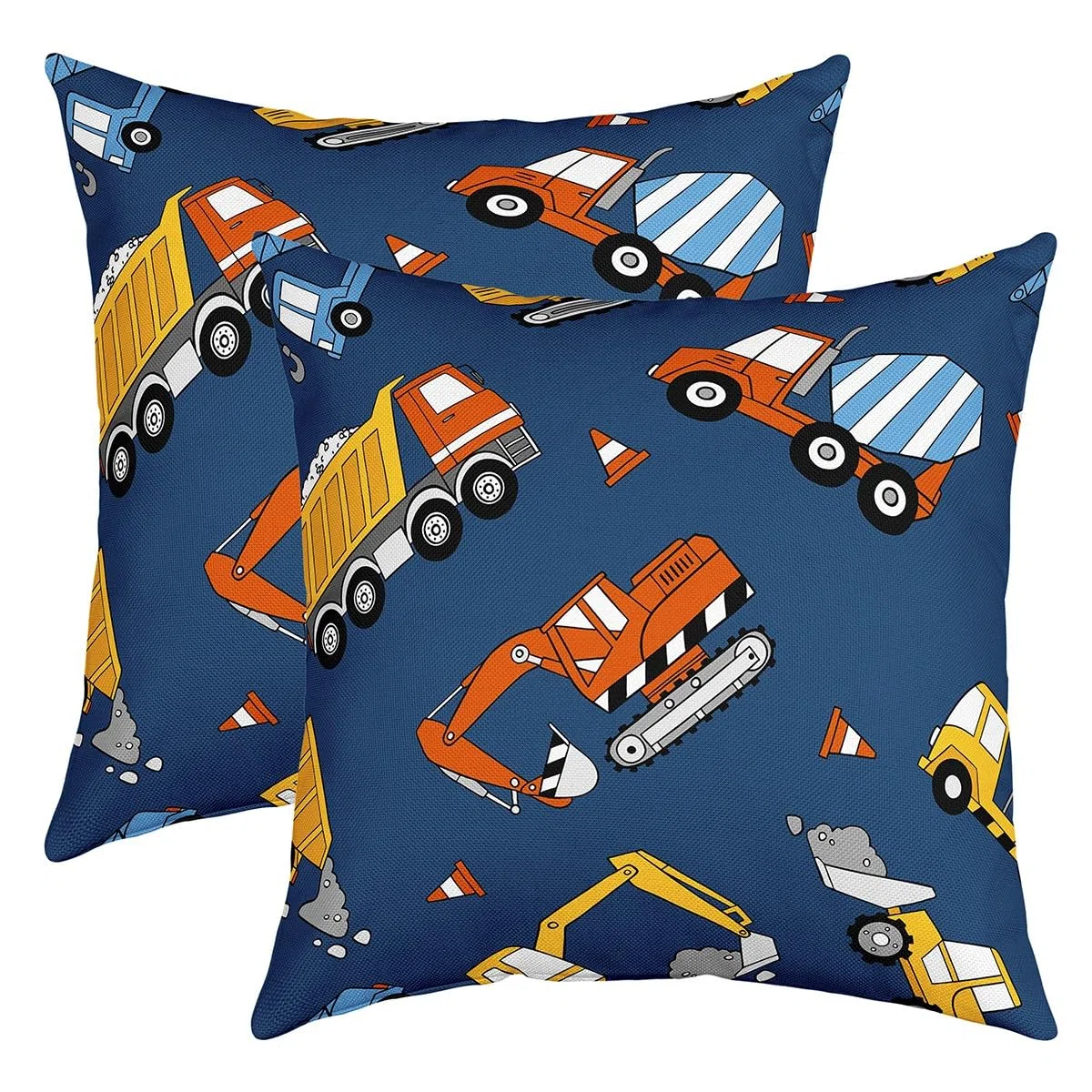 Set di 2 federe decorative per cuscini a tema auto da cartone, decorazione per costruzioni, per camion, escavatori, trattori, federe blu per cuscini, copricuscini per veicoli da costruzione, 45,7 x