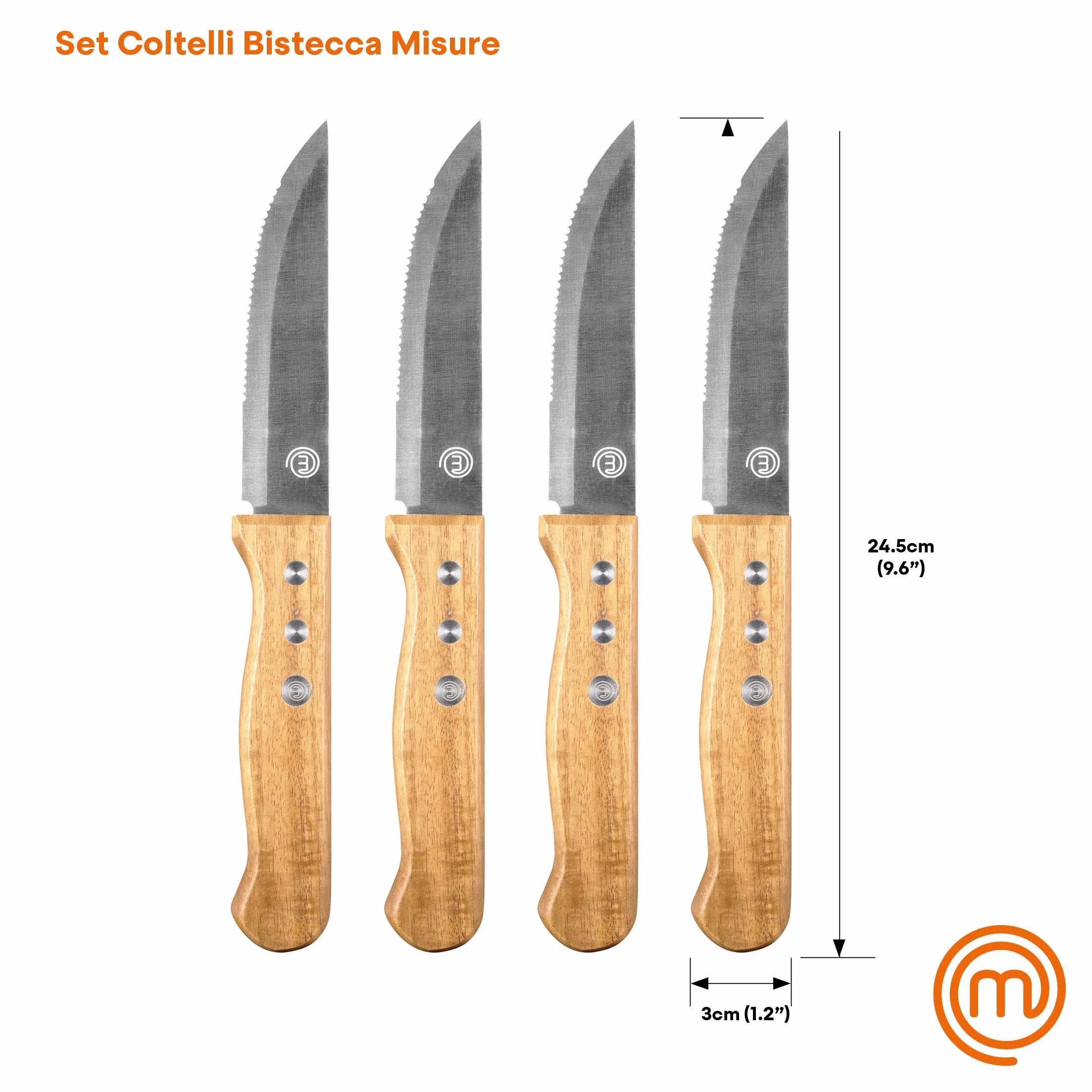 MasterChef Coltelli da Bistecca, Coltello Carne, Seghettato, Fiorentina Set da Cucina Professionali, Prova di Calore, Manici in Legno, Acciaio Inossidabile, Lavabile in Lavastoviglie, 4 Pezzi