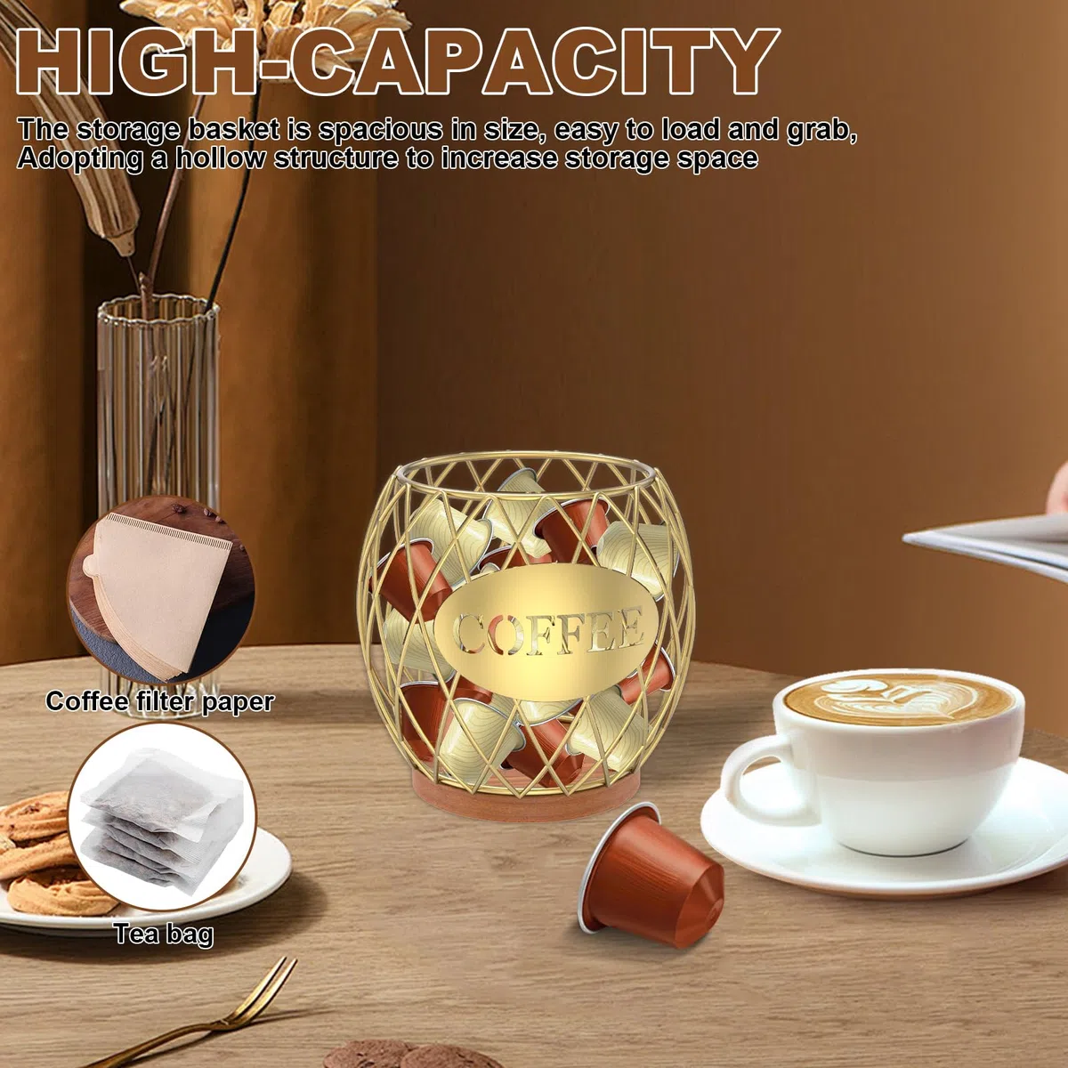 Cestino da caffè, 15 x 15 x 15,5 cm, in metallo, per capsule di caffè, per casa, cucina, bar, pub, bustine di tè (oro)