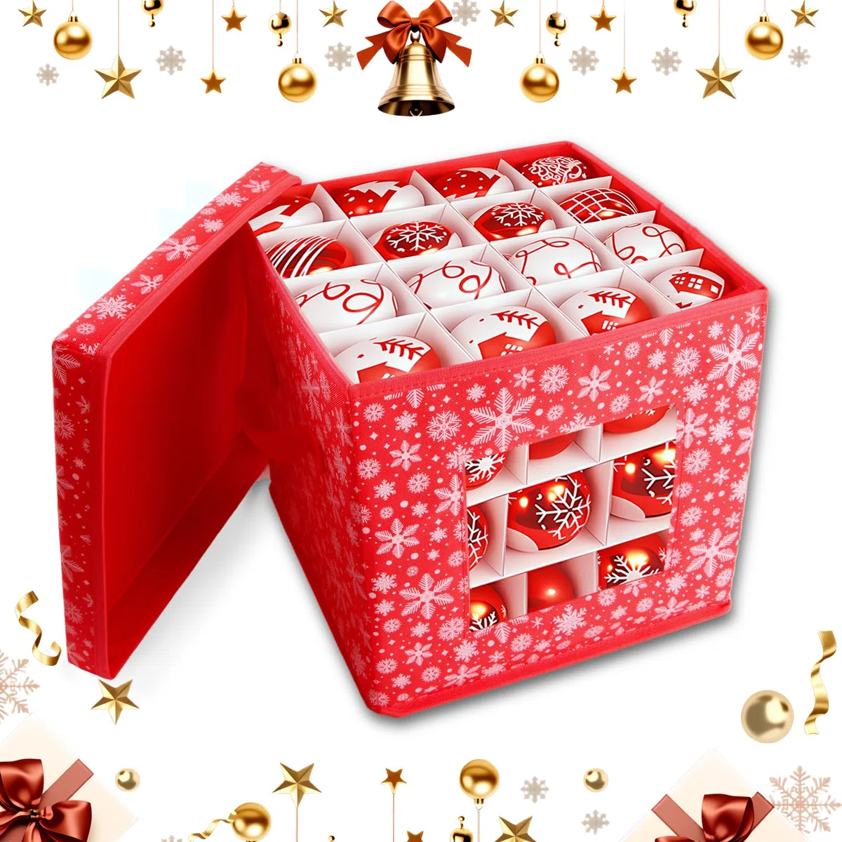 Porta Palline Natale, Cassa per 64 Palline, per Proteggere e Organizzare Le Decorazioni Dell'Albero, 30x30x30cm