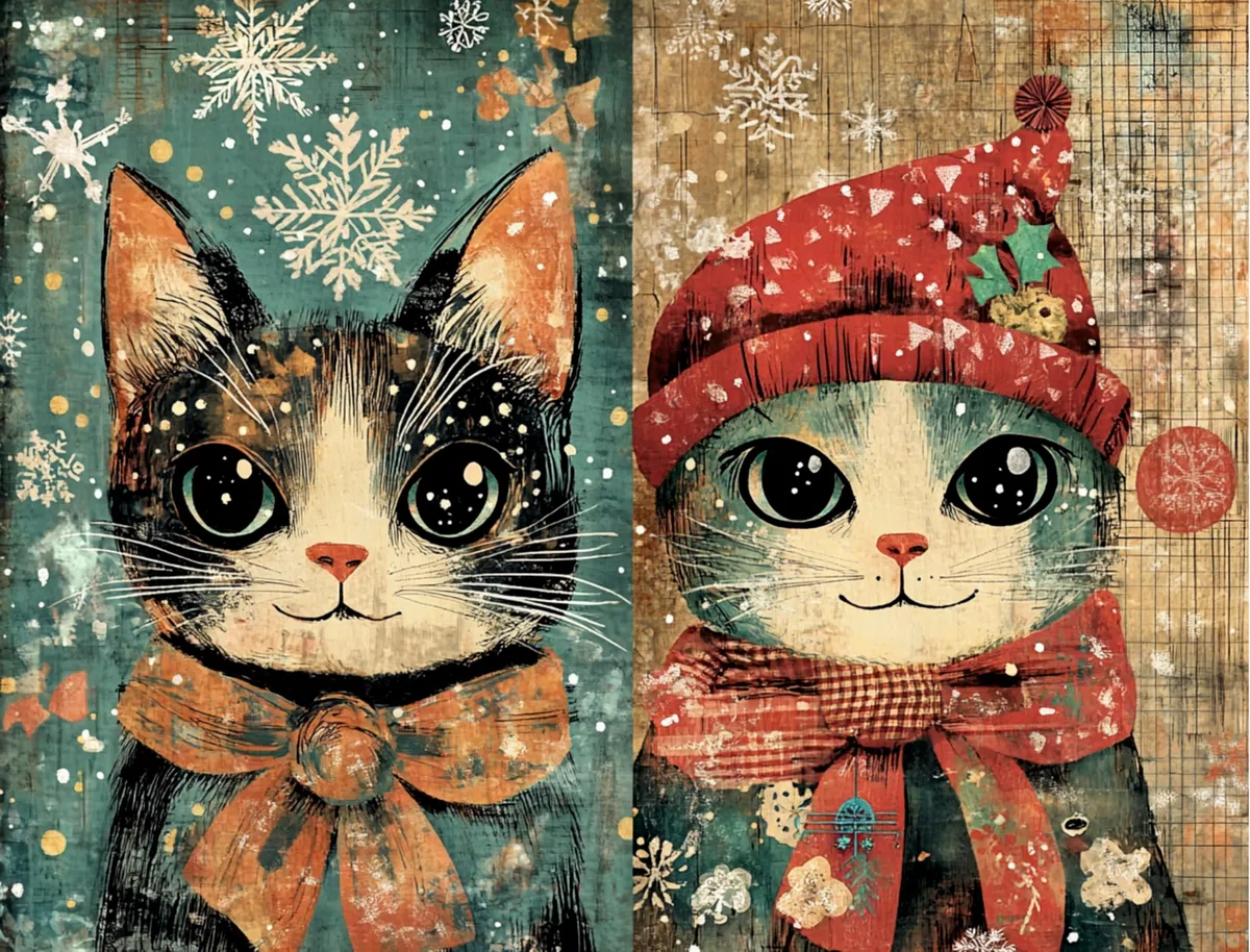 Carta di riso per decoupage con gatti natalizi, 21 x 26,5 cm, 6 fogli | 6 disegni unici | Design natalizio versatile per progetti artistici e artigianali CRAFT KREATIVELY