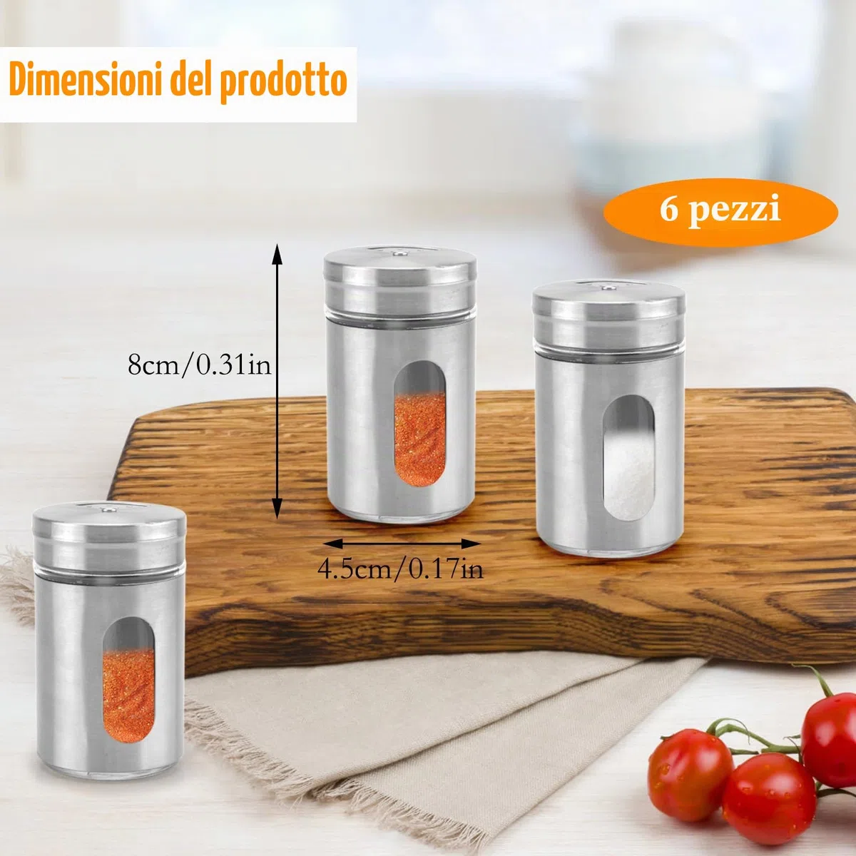 6 Barattoli per Spezie Con Inserto per Spargimento, Portaspezie in Acciaio Inox, Mini Spargitore, Contenitore e Organizzatore per Spezie