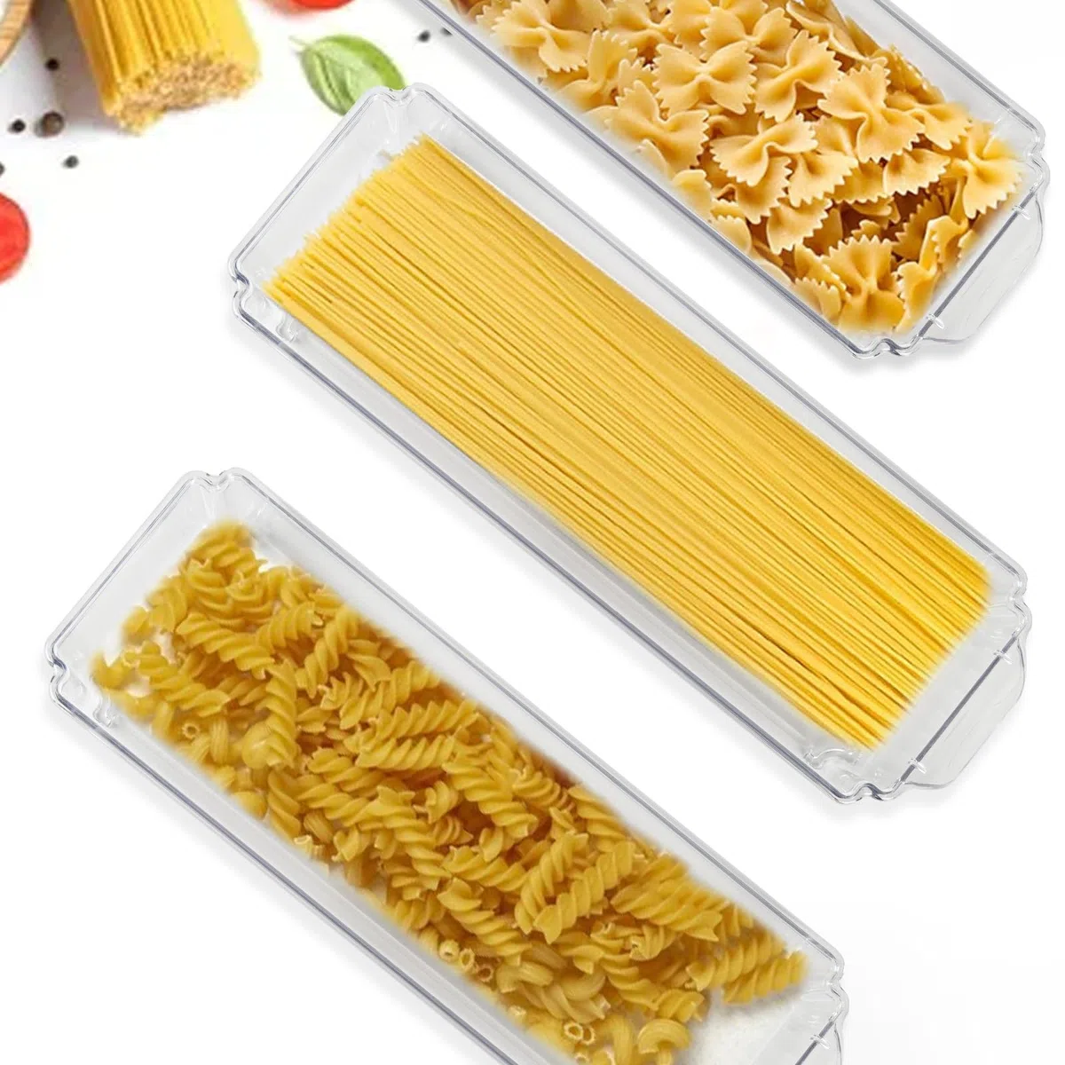 Spaghetti - Set di 3 contenitori impilabili e ermetici con coperchio per pasta, cereali e cornflakes, ideali per armadietti e organizer da cucina