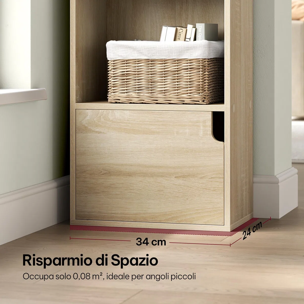 eSituro Libreria Verticale con 3 Scomparti a Giorno e 1 Armadietto, Scaffale Salvaspazio per Studio, Ufficio, in Truciolare e MDF, Legno Chiaro, 34x24x106 cm