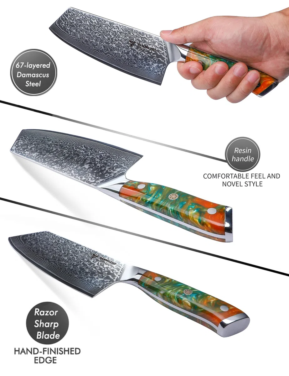 Coltello Nakiri Professionale - Coltello da Cucina 19 cm, Coltello da Chef Acciaio Damasco da 67 Strati- Impugnatura Ergonomica Resina - Xuan Series(Fantasia Arancione)