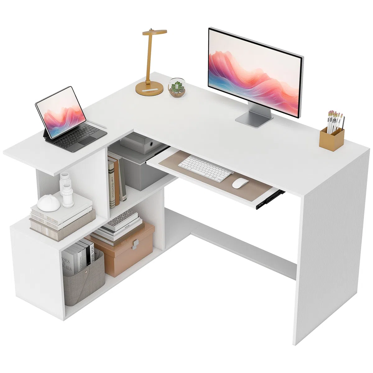 HOMCOM Scrivania Angolare, 120x100cm Scrivania ad Angolo con Ripiano Scorrevole per Tastiera e 4 Ripiani Portaoggetti, Tavolo Salvaspazio ad L per Computer, Ufficio, Studio, Camera da Letto, Bianco