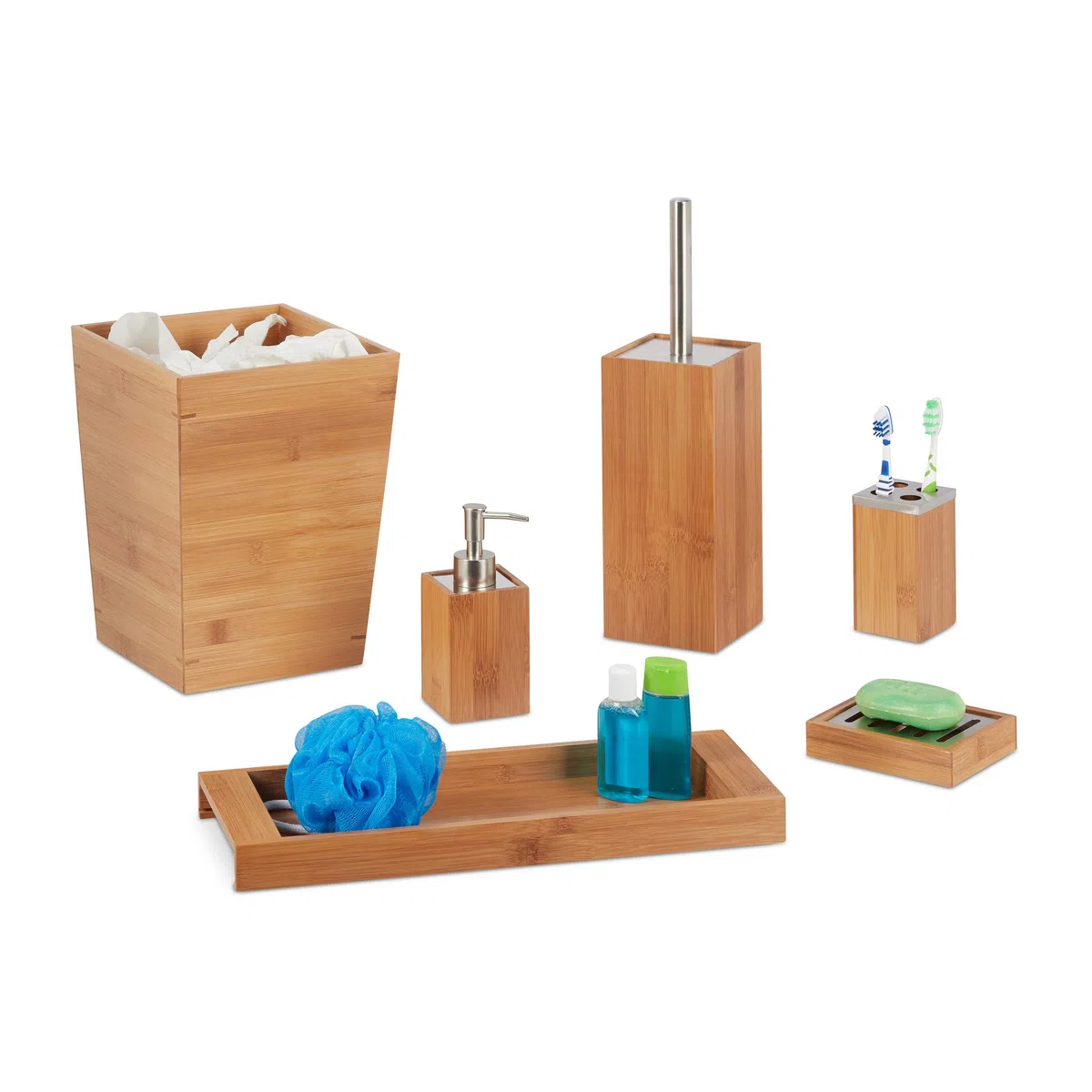 Relaxdays Kit Bagno Porta Sapone, 6 pz bambù, Dosatore, Cestino, Porta-Scopino, Ripiano, Portaspazzolino, Legno Naturale