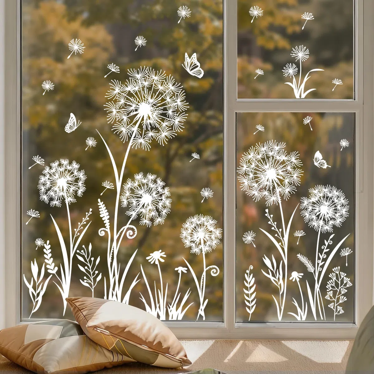 Supzone Bianco Adesivi Finestra Vetrofanie Dente di leone Farfalla Fiori Decorazioni Primavera e Estate, Decorazioni per Vetri Anti-Uccelli Adesivi Statici per Finestre