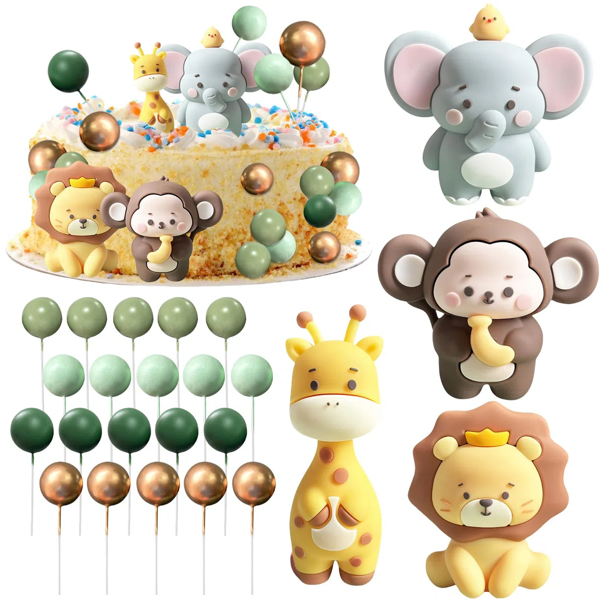 24 decorazioni per torte con animali della foresta, decorazione per torte, decorazione per torte di compleanno, decorazione per la giungla, elefante, scimmia, giraffa, leone
