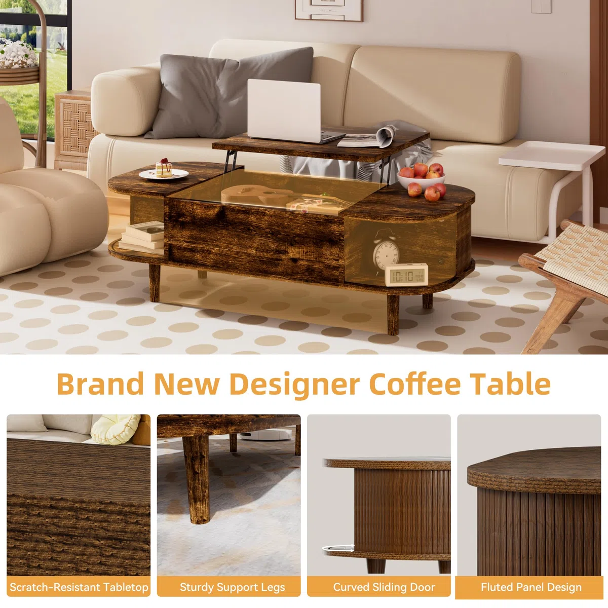 Tavolino da Salotto con Piano Sollevabile – Tavolino da Caffè Moderno in Legno con Anta Scorrevole e Contenitore Nascosto, ideale per Soggiorno, Piccoli Spazi e Home Office