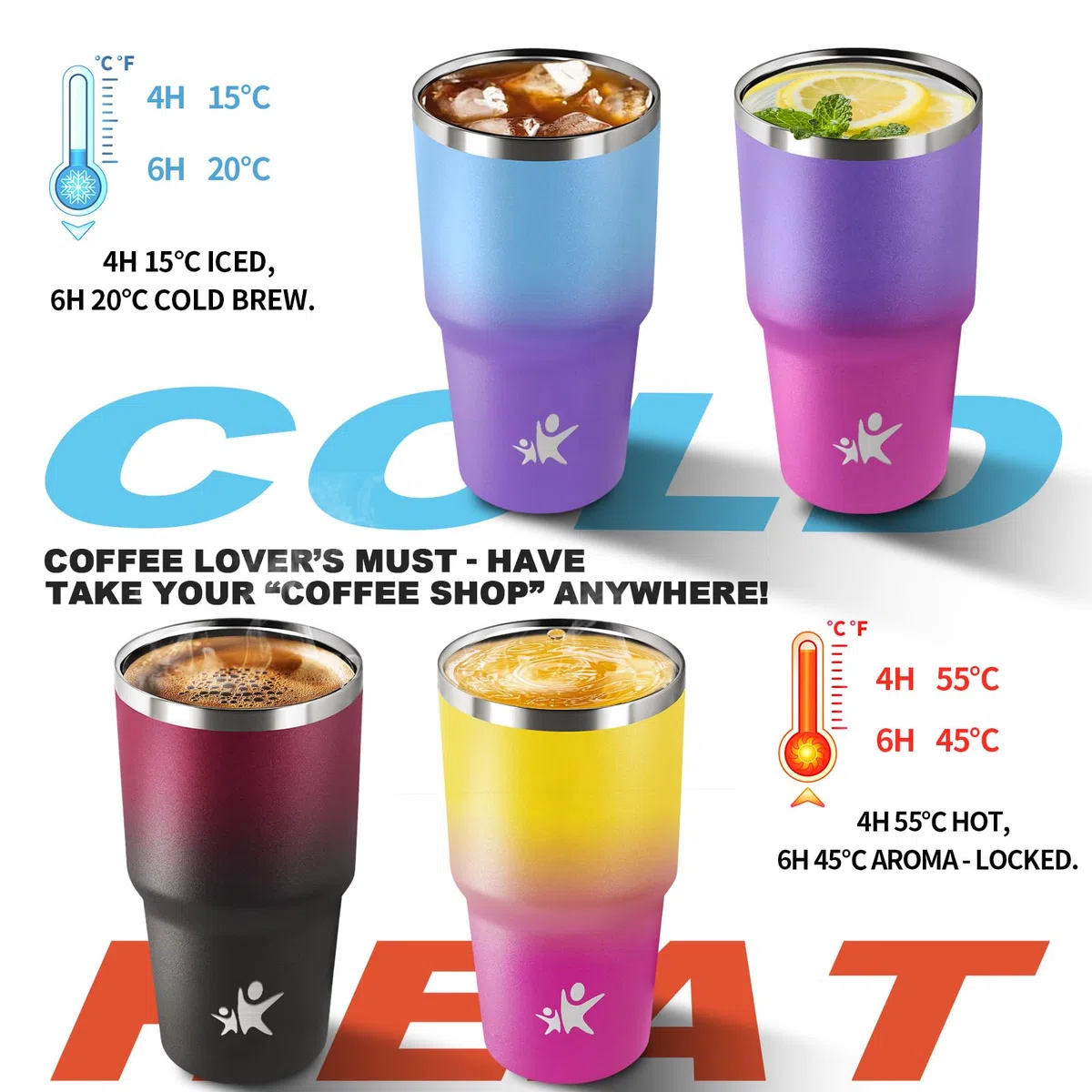 KollyKolla Termo 600ml, Termo in Acciaio Inossidabile con Doppia Pared Aislante, Riutilizzabile, Privo di BPA, Tazza Termica Portatile a Doppia Pared con Coperchio, per Ciclismo, Ufficio, Caffè