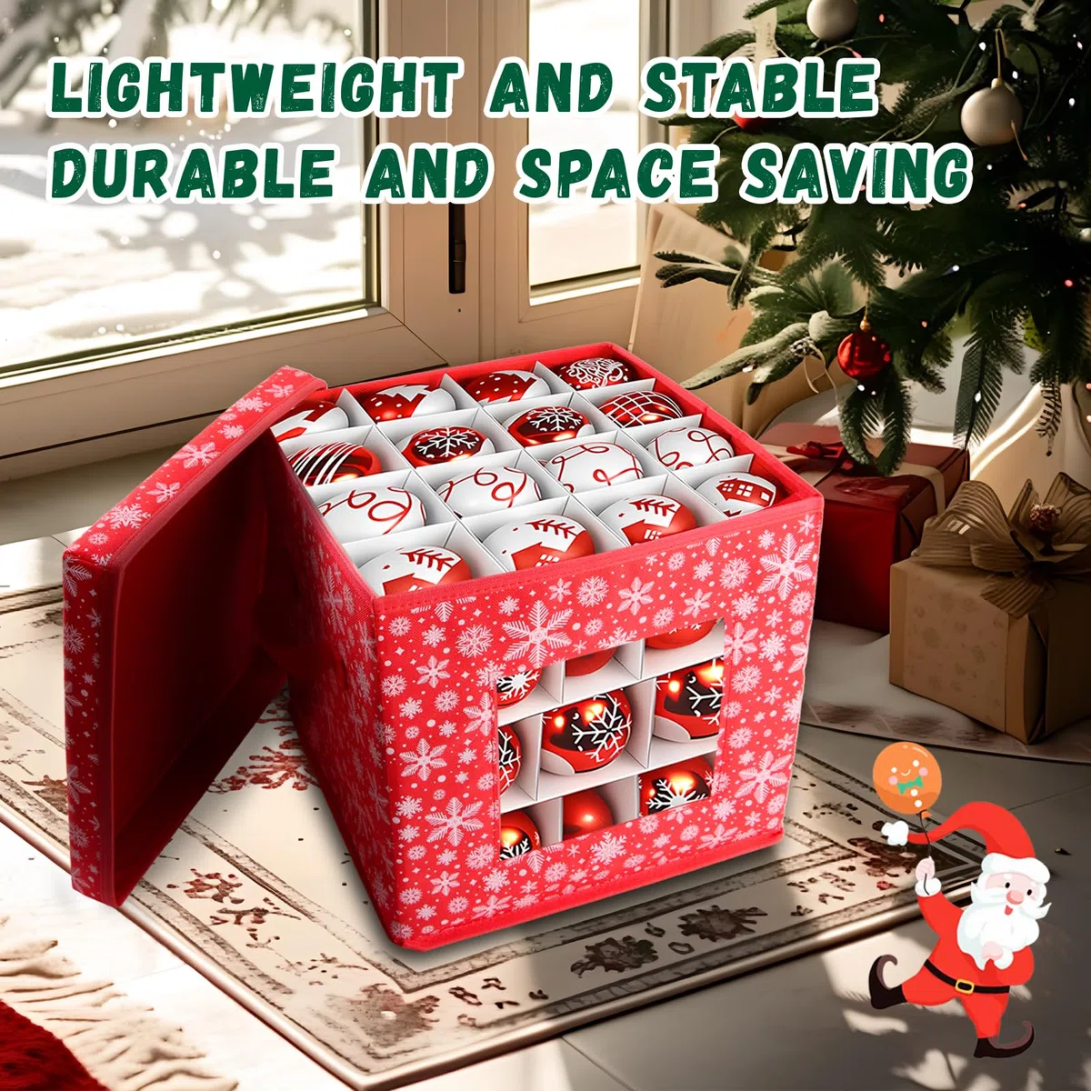 Porta Palline Natale, Cassa per 64 Palline, per Proteggere e Organizzare Le Decorazioni Dell'Albero, 30x30x30cm