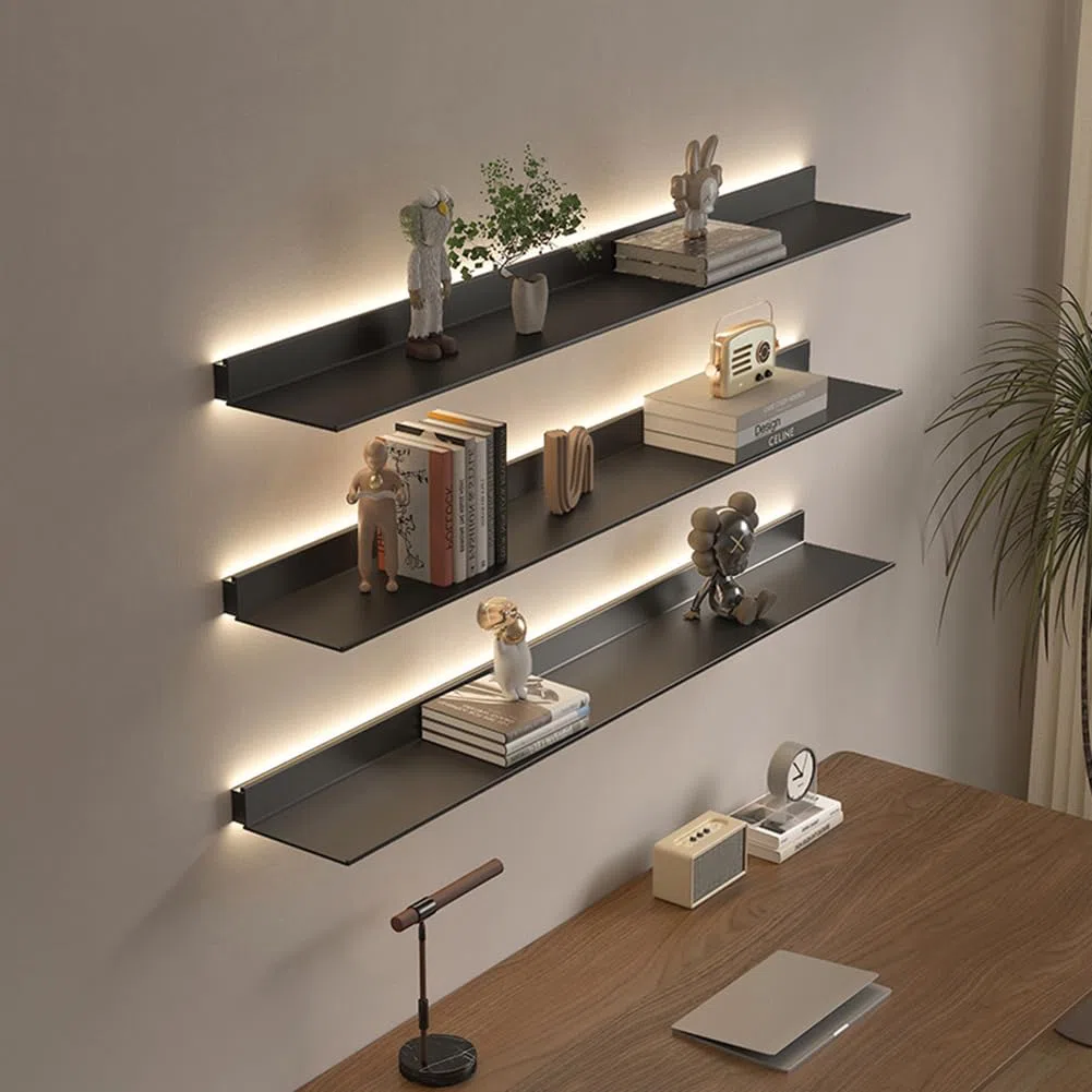 Mensole sospese con luce LED integrata a emissione luminosa, mensole a parete in metallo per piano di lavoro da bar in bagno, scaffale a parete, nero, 40 x 23 cm
