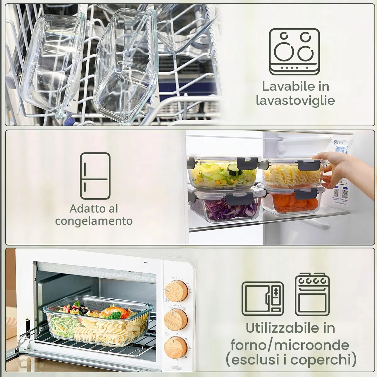 MCIRCO - Contenitori per alimenti in vetro con coperchio, con chiusura a scatto, contenitori ermetici per il pranzo, microonde, forno, congelatore e lavastoviglie, confezione da 10