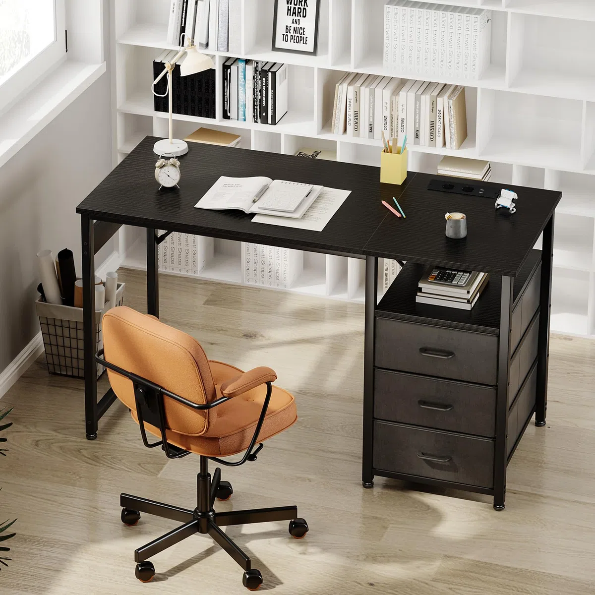ODK Scrivania con 3 Cassetti, 120x48x75,5 cm Scrivania per Ufficio con 2 Prese di Corrente e Prese USB, Scrivanie PC Reversibili Scrittoio Scrivanie per Computer Domestico, bureau, Nero