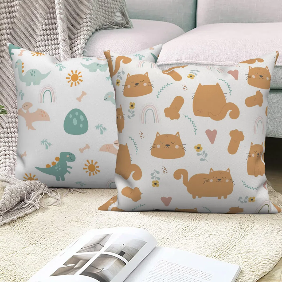 Set di 4 federe per cuscino per bambini, 40 x 40 cm, simpatici animali, dinosauro, gatto, alpaca, fiore, cuscino decorativo, lavabile, in poliestere, lino, per esterni