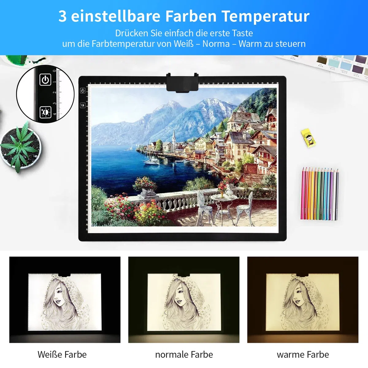 Tavolo luminoso ricaricabile A3 con borsa, senza fili, funzionamento a batteria, 3 colori dimmerabili e 6 piastre luminose dimmerabili per disegno, Diamond Painting, pittura, visione a raggi X