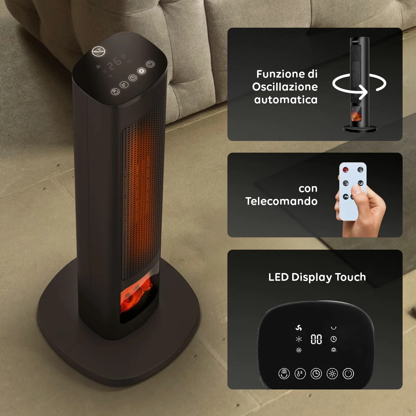 Wintem Stufa Termoventilatore Elettrico a Torre 800/2000W con Display Effetto Camino e Telecomando 60cm - Ideale per un Riscaldamento in Sicurezza Grazie alla Funzione di Spegnimento Automatico