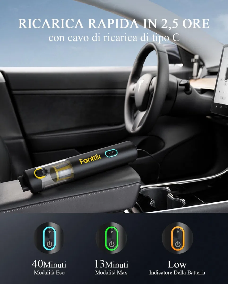Fanttik Slim V8 Apex Aspirabriciole Senza Fili Per Auto,Alta Potenza di Aspirazione 19000Pa,Ricarica Rapida USB-C in 2,5 Ore,4 in 1 Aspirapolvere e Soffiatore d'aria e Pompa ad Aria e Pompa Sottovuoto