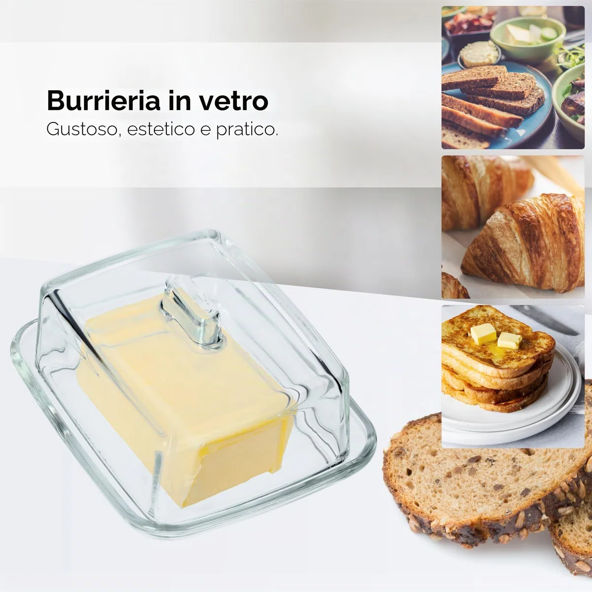 KADAX Burriera in Vetro con Coperchio e Manico - Trasparente 476 g - Per Conservare il Burro a Tavola - Chiusura Ermetica Mantiene Aroma e Protegge da Insetti