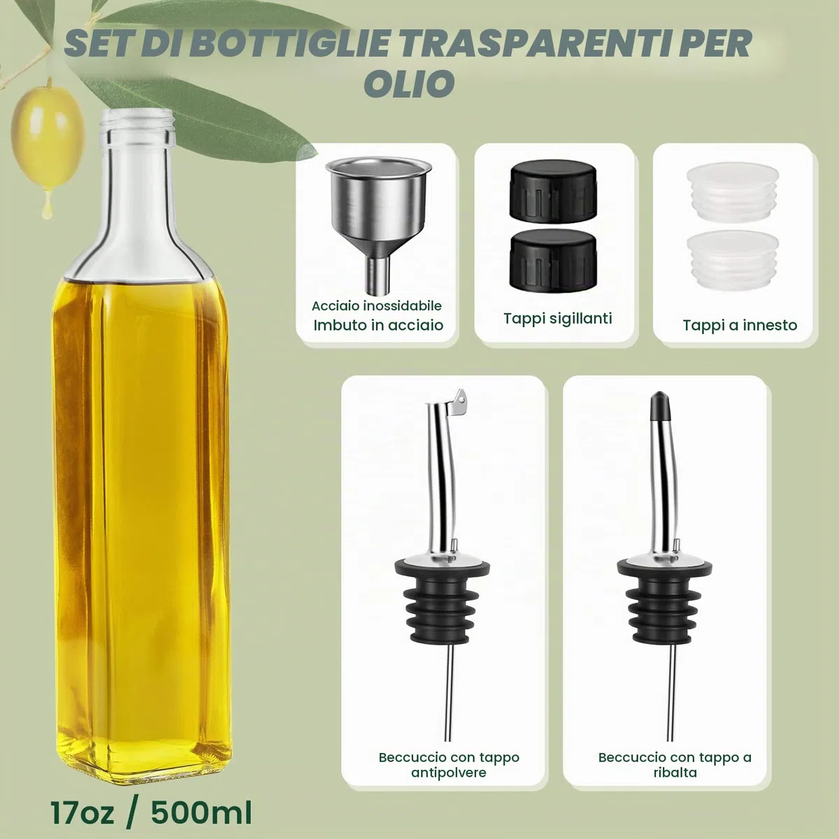 Bottiglia d'olio, 2 confezioni da 500 ml, set di dispenser per aceto e olio, bottiglia di olio d'oliva, contenitore con imbuto copertura antivegetativa di vetro per cucina e barbecue
