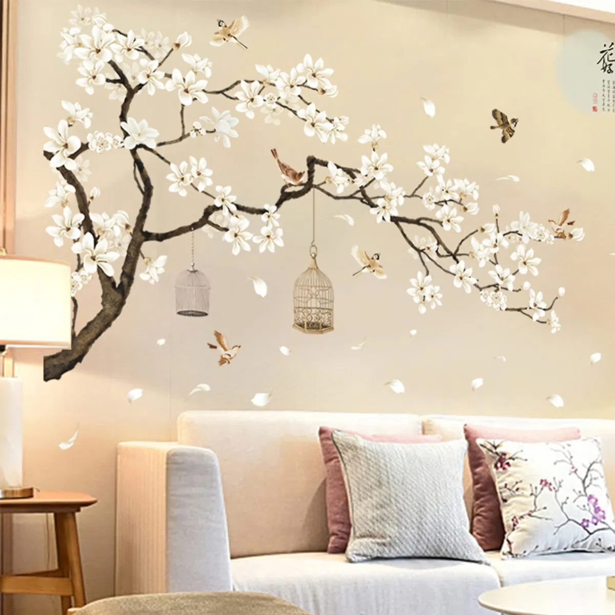 Adesivi murali grandi con fiori bianchi, 127 x 188 cm, rimovibili fai da te romantici fiori di ciliegio, adesivi murali 3D, decorazione per la casa per Gilrs camera da letto, camerette, soggiorno