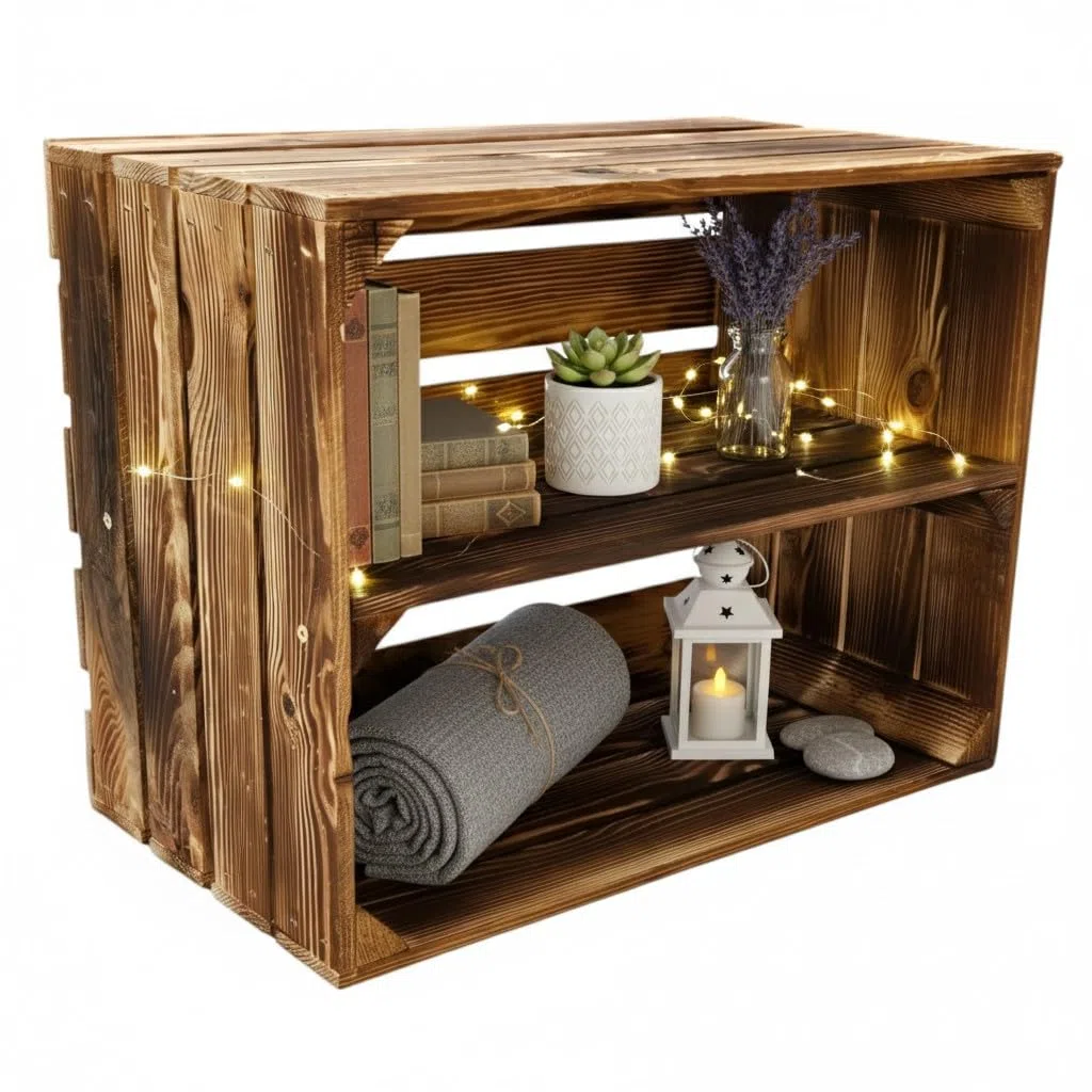 Teramico Cassette per Frutta, Vino/Casse di Legno, 50 x 40 x 30 cm, con Ripiani intermedi, fiammata, per la Costruzione di mobili, massiccia e Stabile