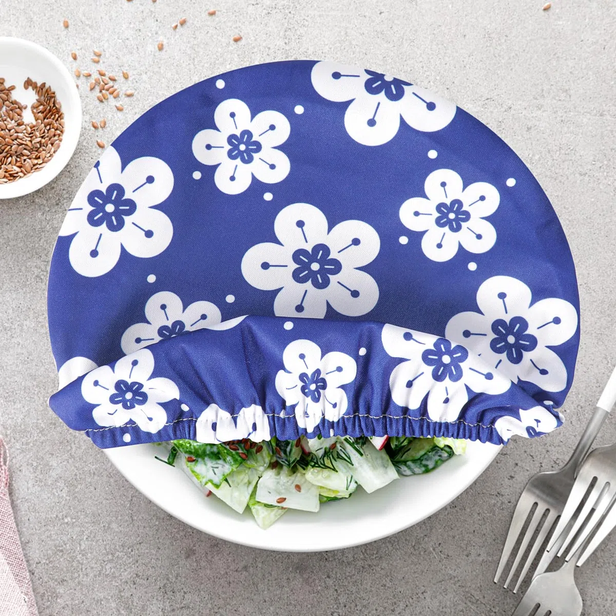 PHOGARY 5 Coperture per Alimenti, Riutilizzabili, in Tessuto, con Elastico, Coperchio Estensibile, in Tessuto Impermeabile, per Ciotola in Vetro Alato, Fiore Blu