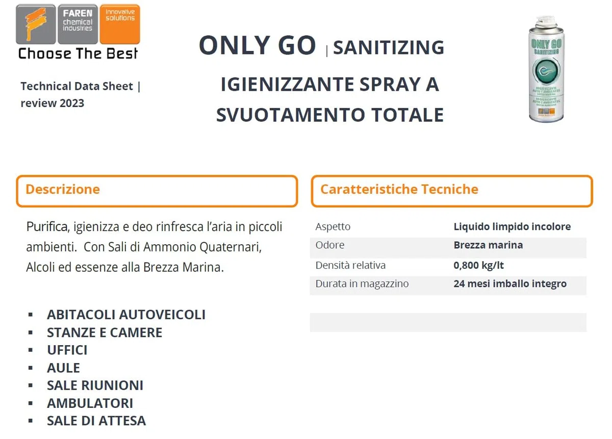 Faren ONLY GO, Igienizzante Auto e Ambienti Spray, purifica e deo rinfresca l'aria in piccoli ambienti, 200ml (3pz)