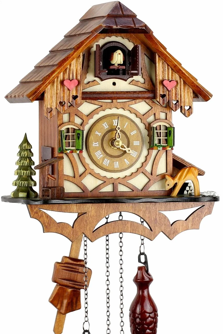 Orologio a cucù al quarzo, in vero legno, funzionamento a batteria, con carillon musicale, a forma di casetta, 24 cm