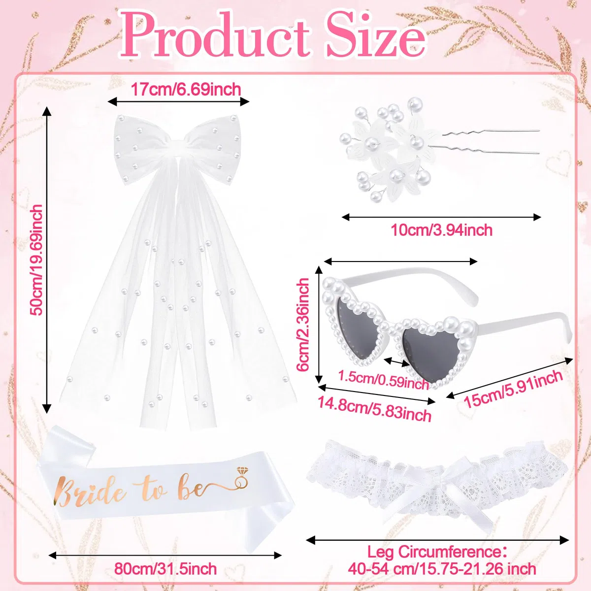 YeahBoom Addio Nubilato Decorazione,Velo da Sposa Bianco con Fiocco,Bride to Be Addio al Nubilato 5 Pack Gadget Sposa - Velo, Fusciacca, Fasce Capelli, Occhiali da Sole Cuore con Perla
