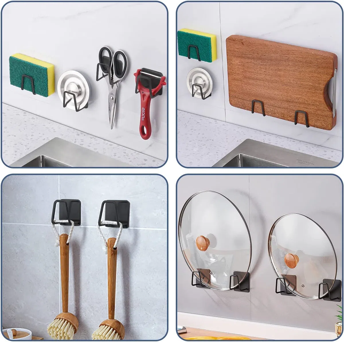 Guidre 6 Pezzi Portaspugna Porta spugnetta in Acciaio Inossidabile 304, Autoadesivo-Pratico Accessorio per lavello-Gancio Adesivo,Organizer,organizzazione in Cucina e Bagno (Nero)
