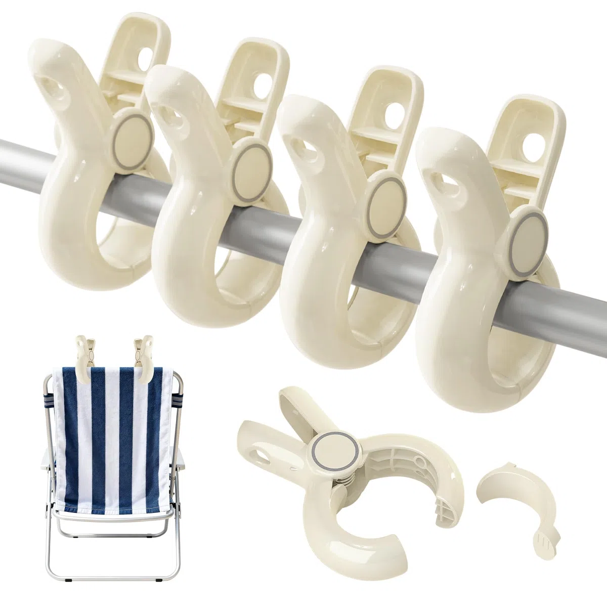 Grandi clip per asciugamano da spiaggia per sedie da spiaggia, clip per asciugamani resistenti per sedie da crociera, clip per asciugamano da piscina per sedia (4, color crema)