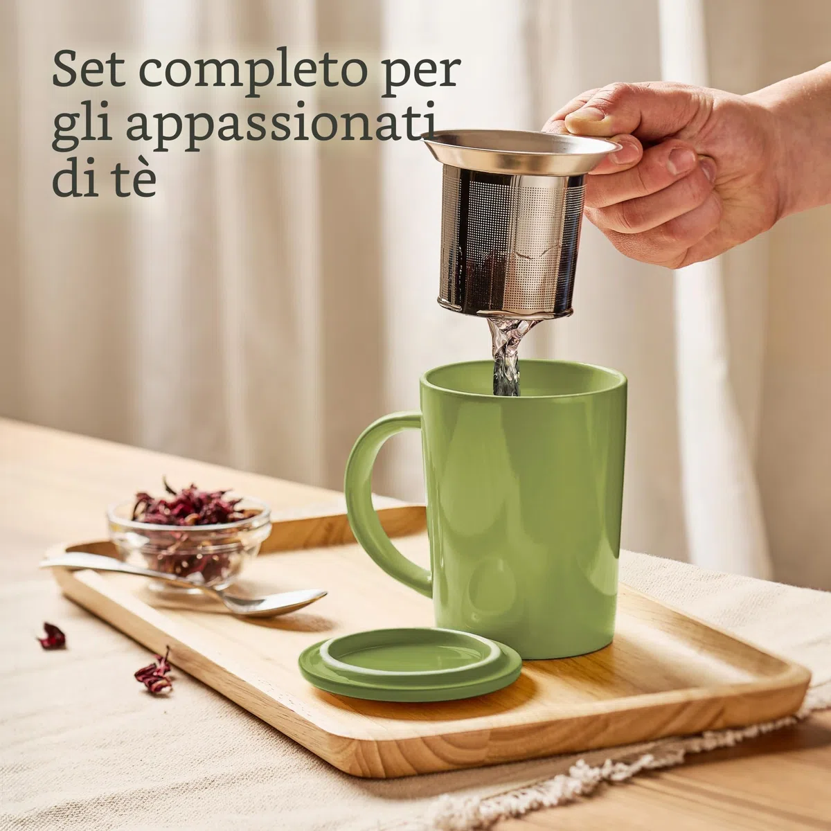 Cosumy Tazza di Ceramica con Filtro e Coperchio - 400ml Grande - Con Manico - Lavabile in Lavastoviglie - Per Tè e Infusi (Verde Matcha)
