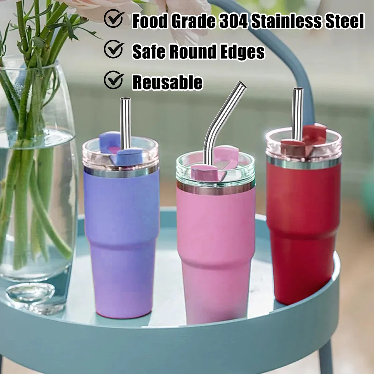 8 Pezzi Cannucce Dritte e Piegate, 10mm Cannucce in Acciaio Inox Riutilizzabili Extra Spesse, Cannucces di Metallo per Bubble Tea Cocktail, con 2 Pulitore di Paglia
