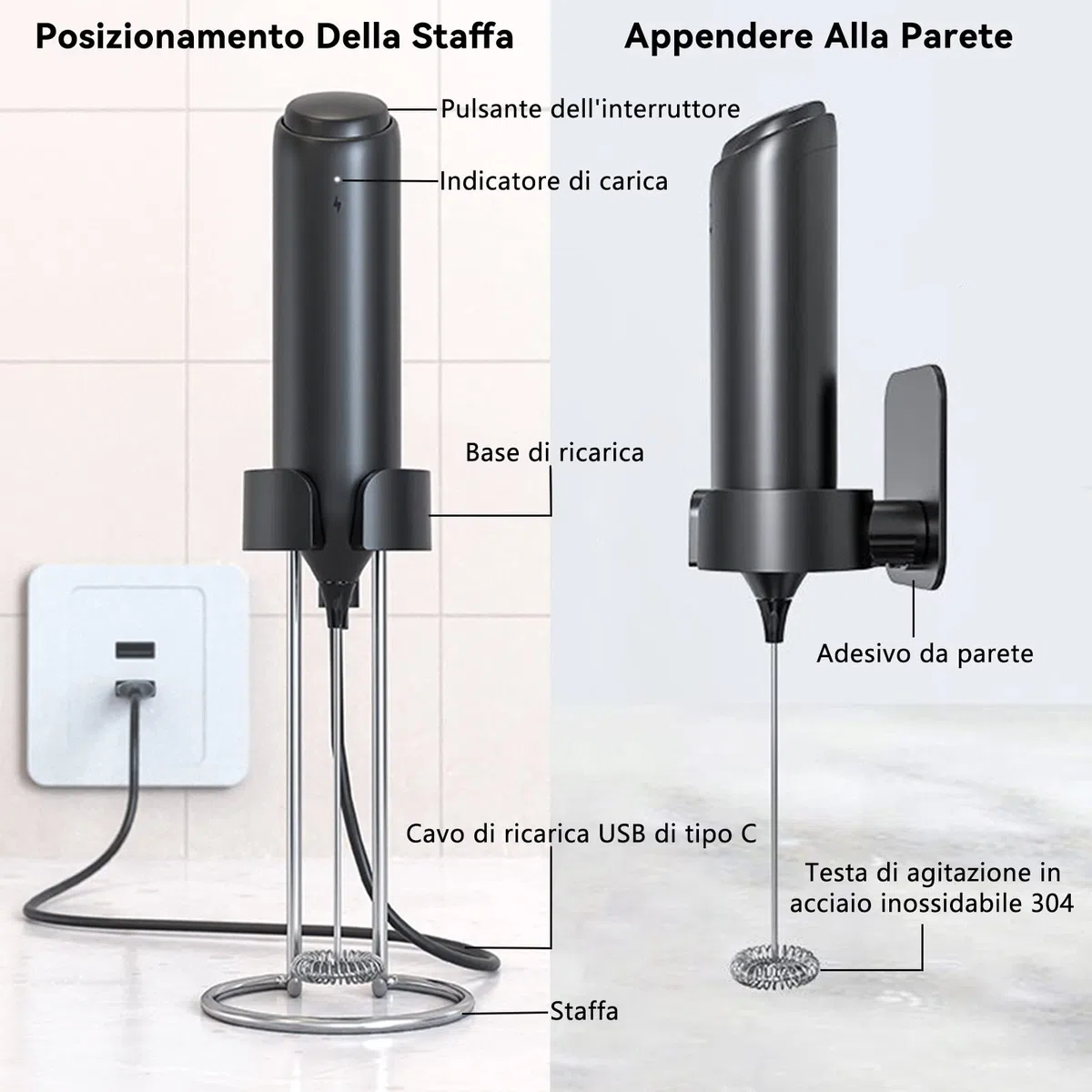 Montalatte Elettrico,Frullino Montalatte con Frusta in Acciaio INOX,USB Ricaricabile,Staffa per Montaggio a Parete 2 in 1,per Latte,Caffè,Latte,Cappuccino