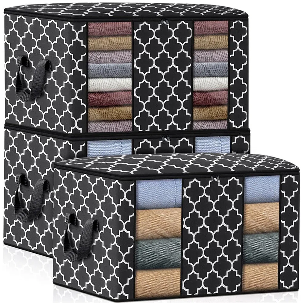 Scatole per Armadio Salvaspazio 102L, 3 PCS per Vestiti Cambio Stagione Pieghevole Traspirante Tessuto, Custodie Organizzatore con Cerniera per Trapunte Coperte Biancheria da Letto - 63*45*36cm