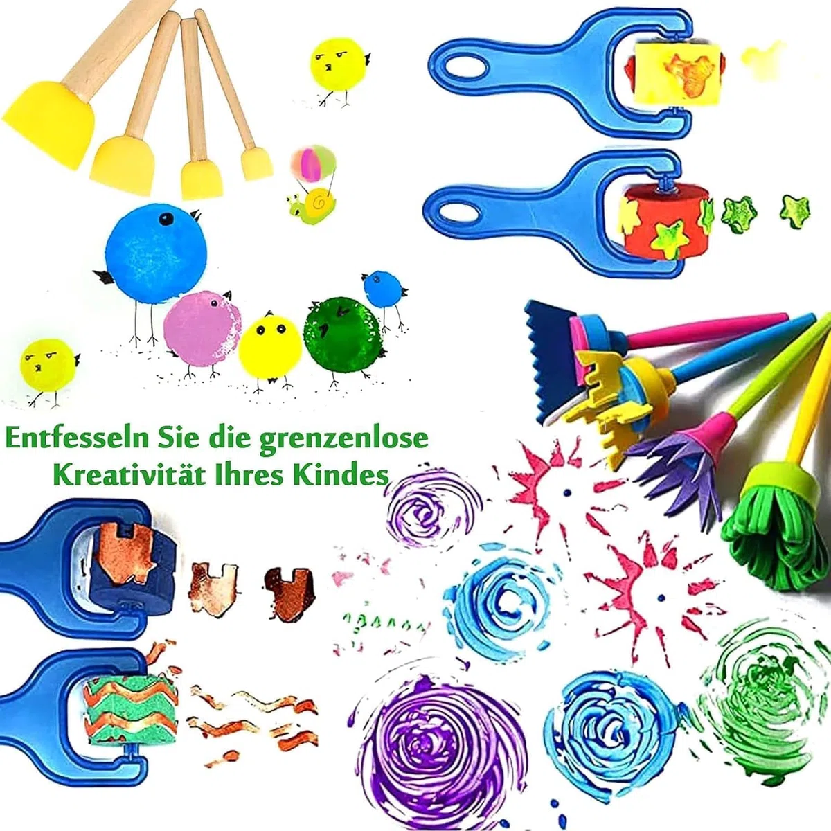 Set di pennelli per pittura in spugna, 30 pezzi, set di pennelli per bambini, per l'educazione precoce, artigianato fai da te e pittura in ceramica
