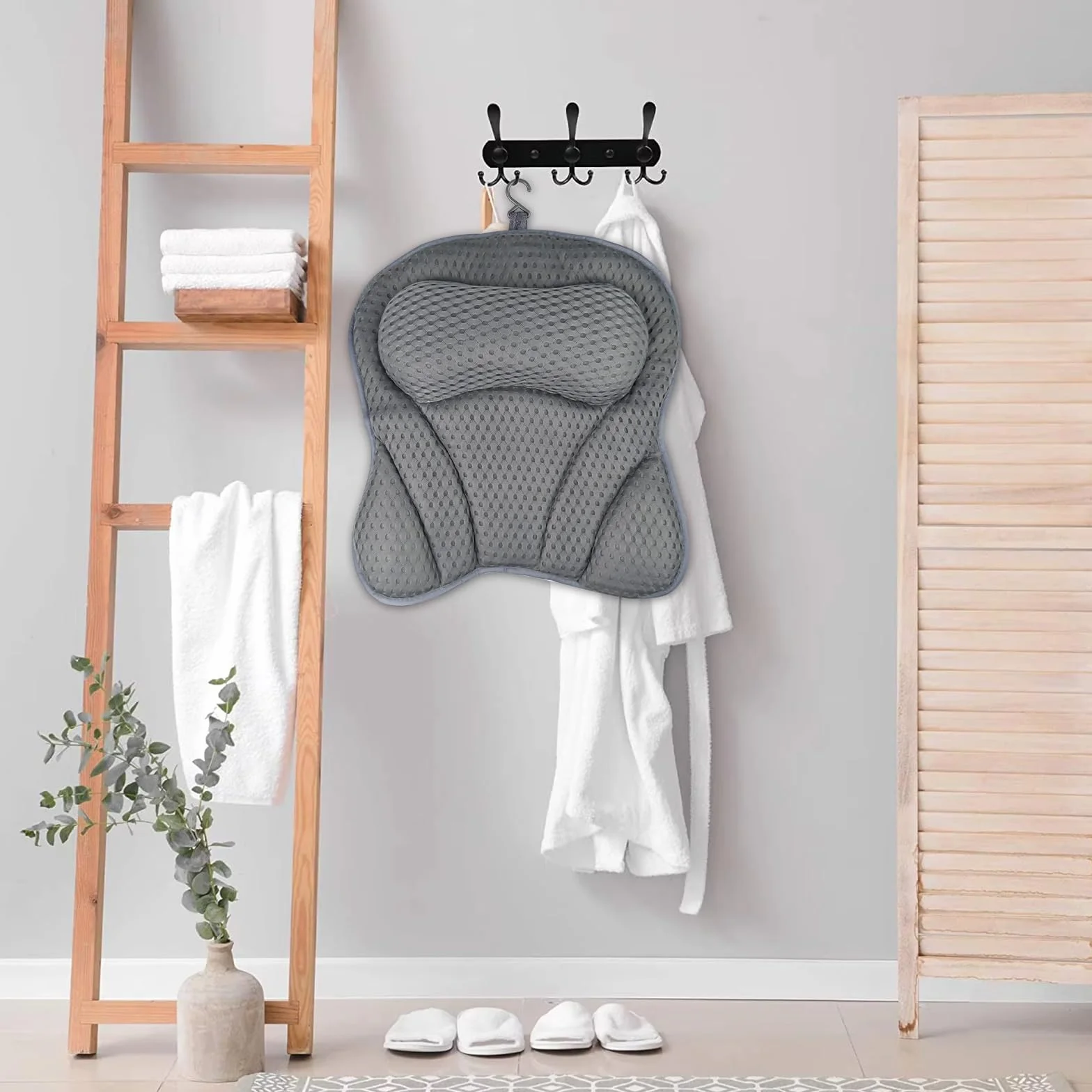 Chiluxendo Cuscino Vasca da Bagno, Spa Tappeto per Vasca da Bagno con Cuscino Antiscivolo Ventose, Imbottitura per Vasca da Bagno, Poggiatesta Cervicale con Tecnologia 4D Air Mesh e 6 Ventose (Grigio)