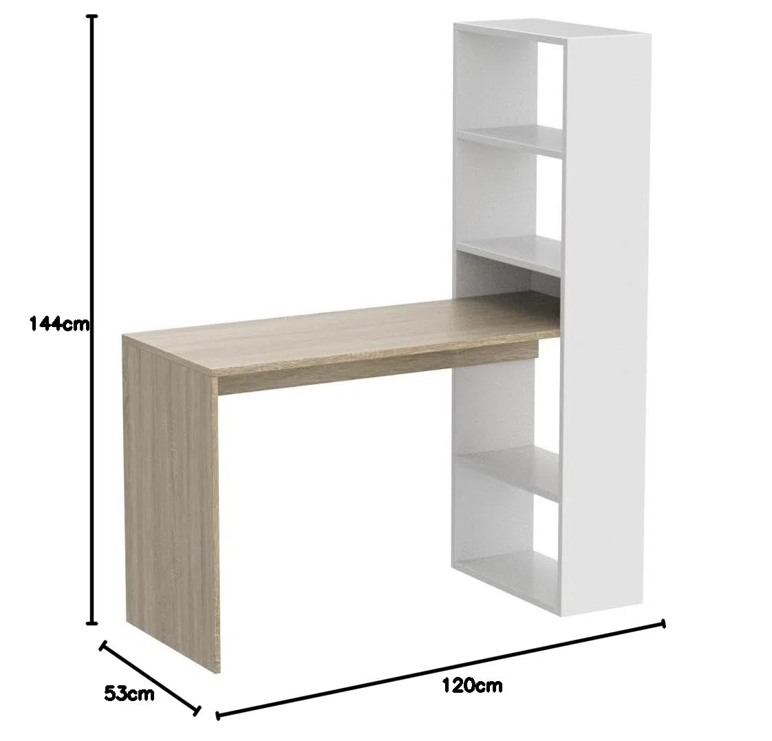 Dmora - Scrivania Denton, Scrittoio multifunzione reversibile con libreria 5 ripiani, Tavolo da studio o ufficio porta PC portalibri, 120x53h144 cm, Bianco e Rovere