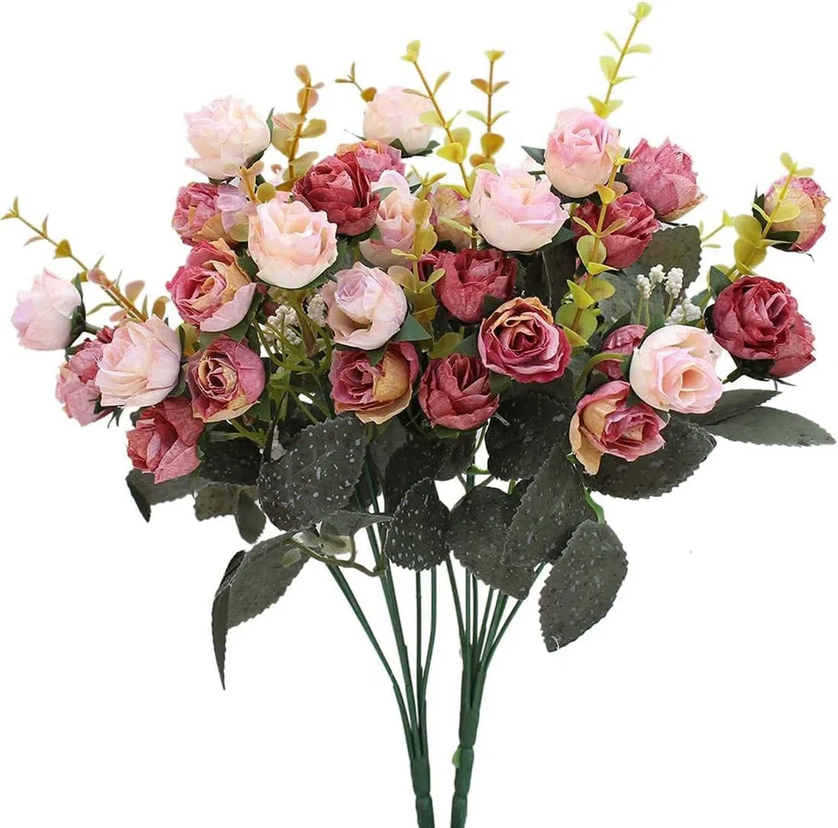 Fiori Finti per Decorazioni, 21 Teste Di Foiri Artificiali, 2 Bouquets Fiori Artificiali per Decorazioni, Matrimoni e Abitazioni, Fiore Finto per Cimitero (Rosso Rosa)