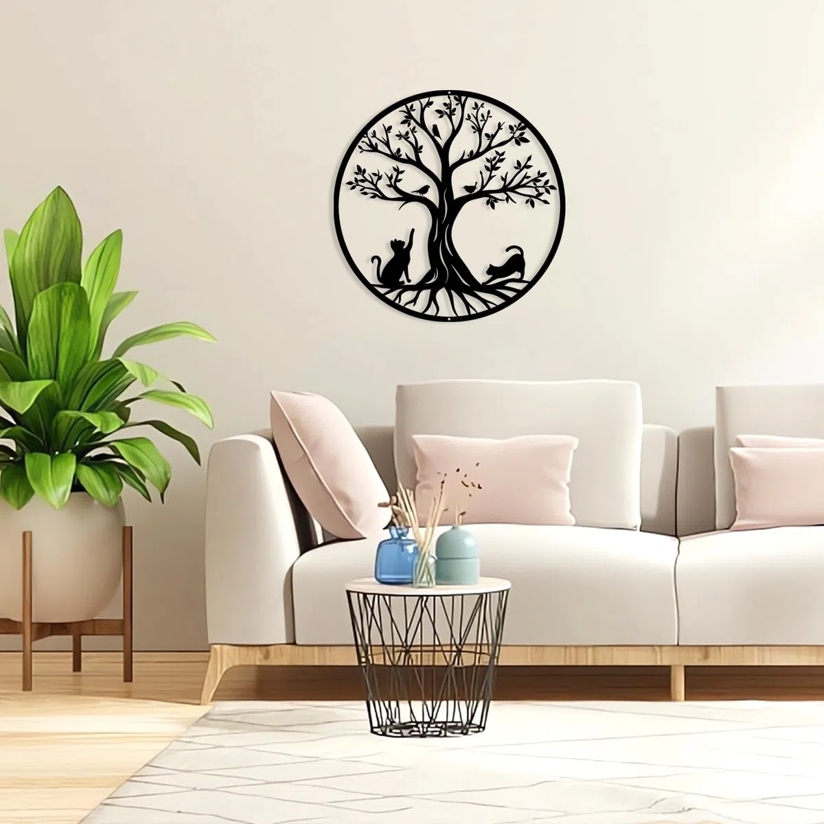 Pduoduo Decorazione da parete in metallo nero con albero della vita (con gatto e uccello), idea regalo, decorazione per interni ed esterni, giardino, casa (50 cm)