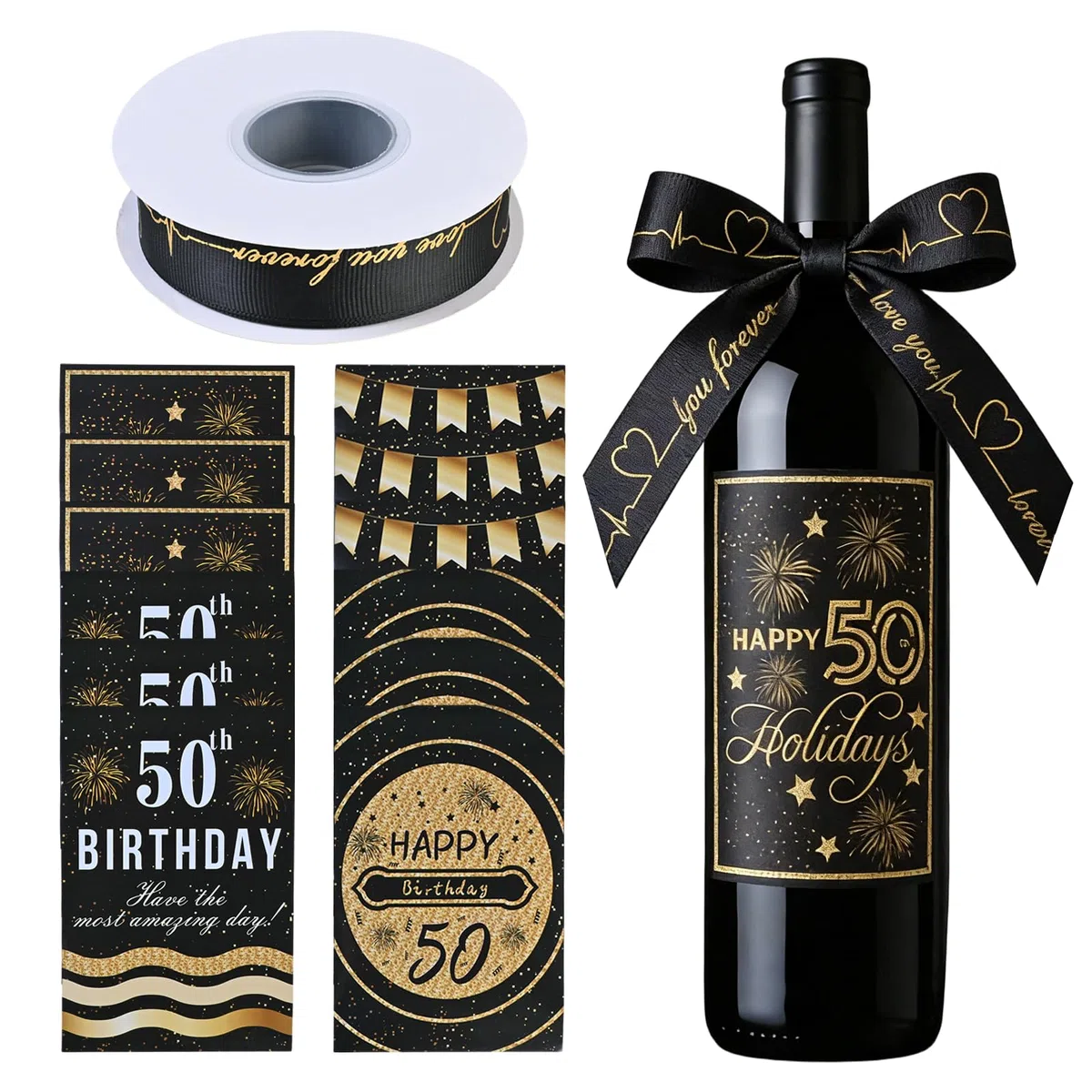 Etichetta Della Bottiglia Del 50 Compleanno, Etichette Uniche Per Bottiglie di Vino (12 Adesivi), Contiene Nastro In Oro Nero, Decorazioni Per La Festa Del 50 Compleanno