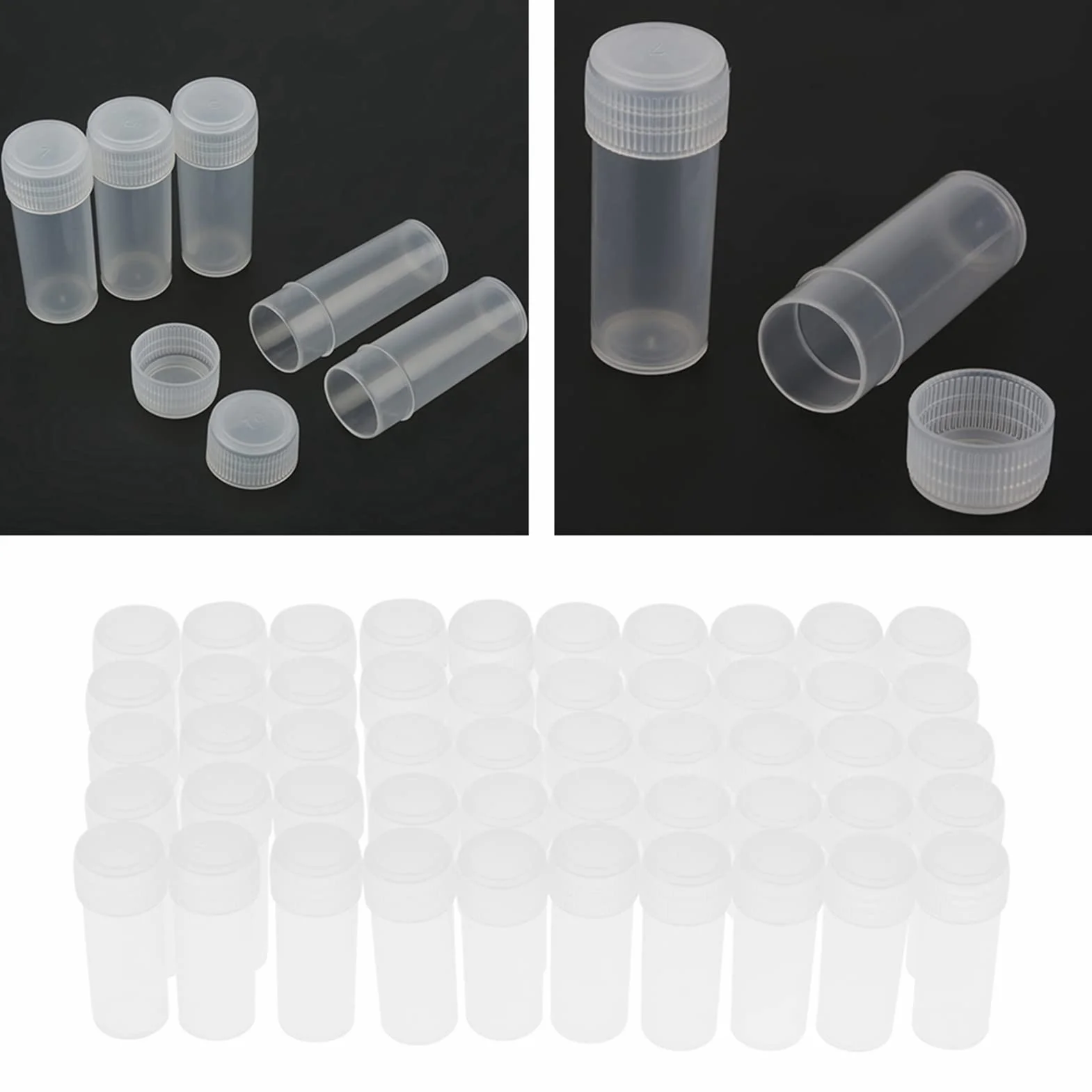 Bottiglie Campionamento Plastica Trasparente, 5 ml, 50 Pezzi, PE, Chiusura Ermetica, per Polvere, Solidi, Pillole, Semi